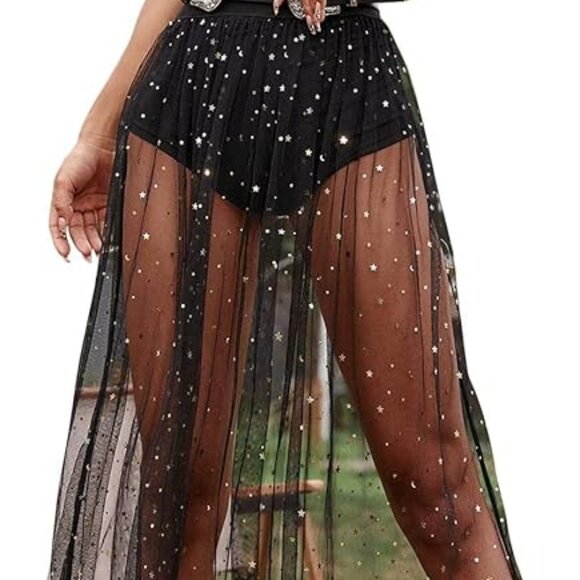 Size L Rave Outfit 2 in 1 Sheer Skirt Festival Clubwear Mesh High Waist Maxi - Picture 2 of 6